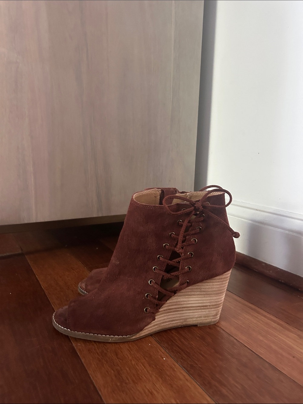Lucky Brand Brown Suede Lace-Up Peep Toe Wedge Booties